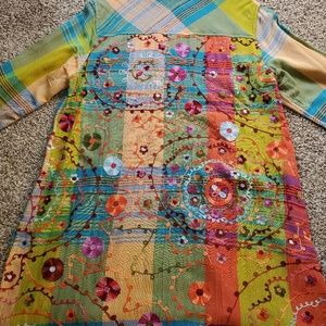 Lively Plaid Button Front Embroidered Blouse